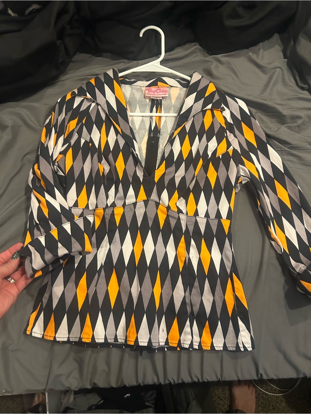 Pinup Couture Harlequin Diamond V-Neck top in orange , Black & Gray